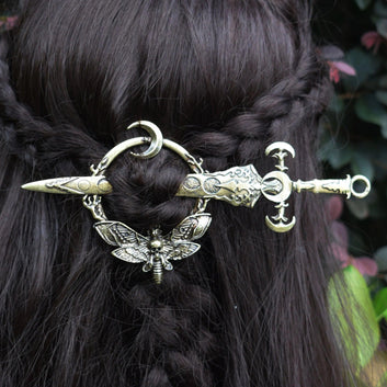 Vintage moon moth hair barrette with insects and  sword - Wicca Pagan hair Accessories