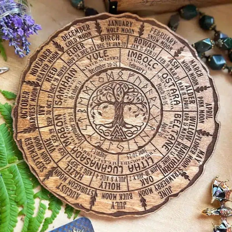 Wicca Calendar Round Wooden Sign Pagan Wheel Of The Year Tree Of Life Pagan-MoonChildWorld