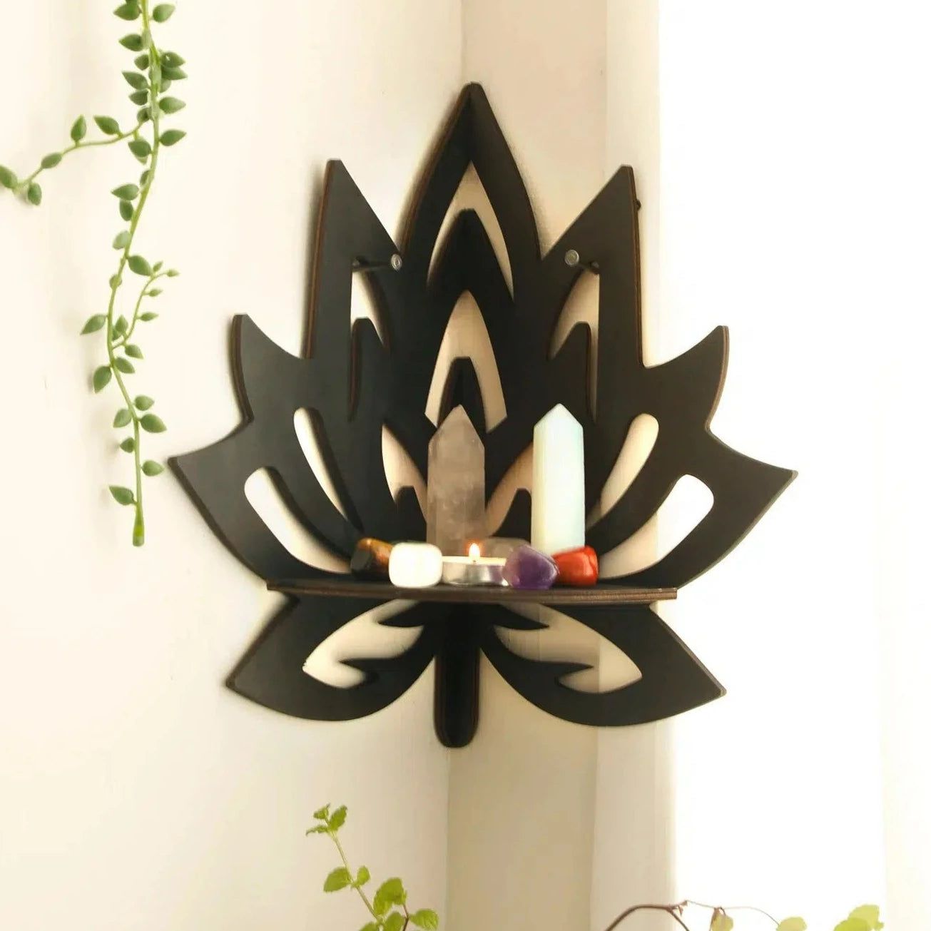 Lotus Corner Shelf Wooden Crystal Holder Shelf-MoonChildWorld