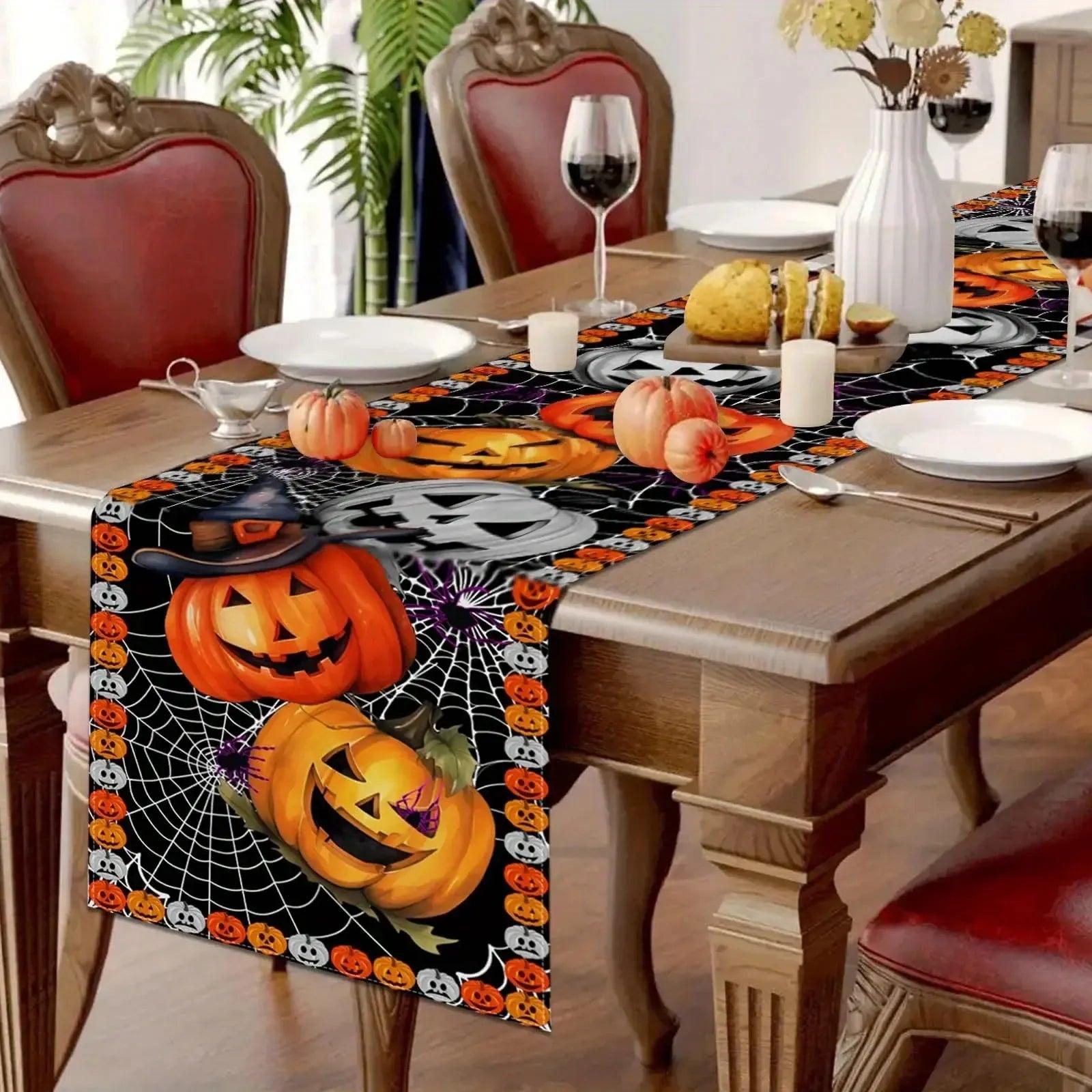 Spooky Halloween Table Runner With Jack-O'-Lantern - Pumpkin & Spiderweb Gothic Table Runner-MoonChildWorld