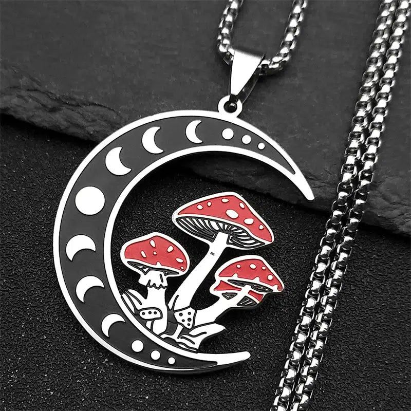 Gothic Moon Witchy Necklace Mushroom and Moon Phases Necklace-MoonChildWorld