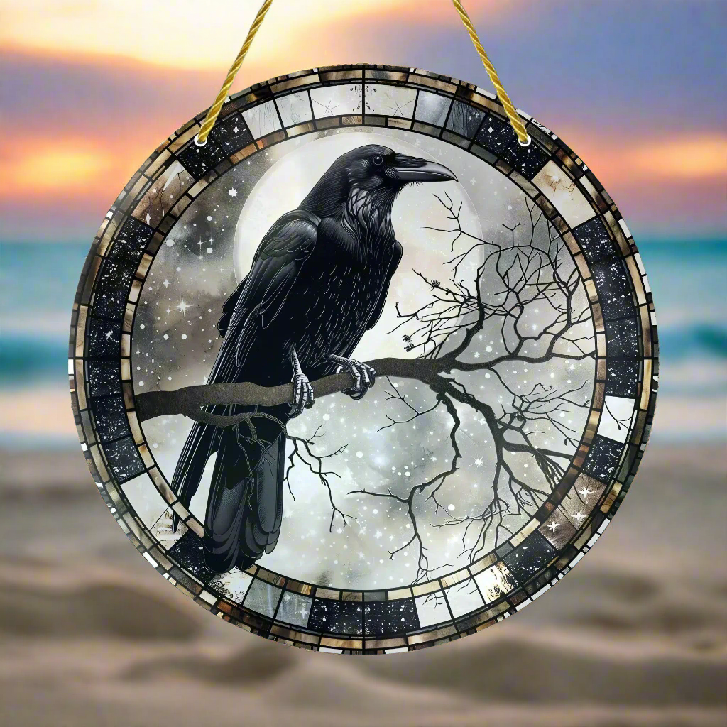 Skull Raven Suncatcher Halloween Crow Window Hanging Gothic Crow Suncatcher-MoonChildWorld