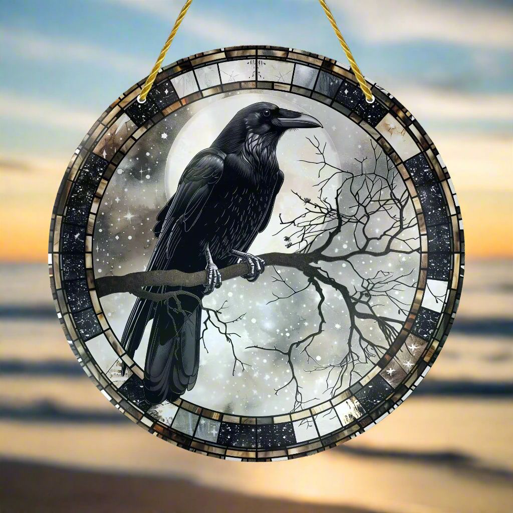 Skull Raven Suncatcher Halloween Crow Window Hanging Gothic Crow Suncatcher-MoonChildWorld