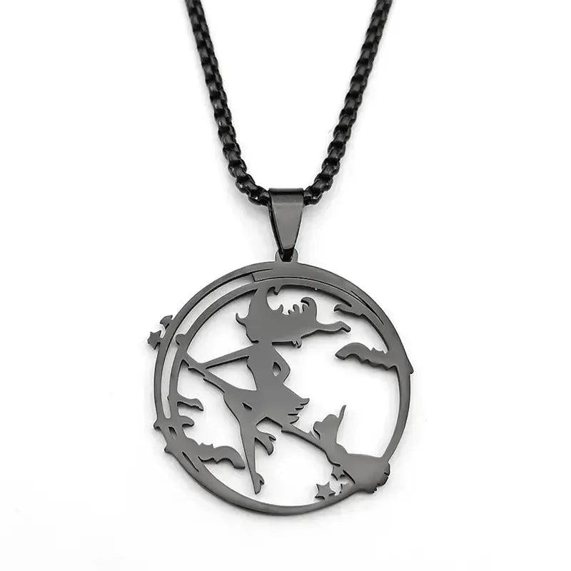 Broom Cat Gothic Witch Necklace – Witchcraft Wicca Necklace – Halloween Jewelry-MoonChildWorld