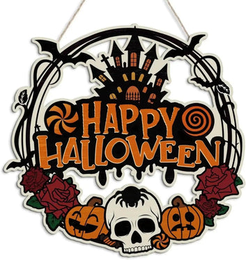 Witch Halloween Door Sign - Gothic Wood Welcome Hanger with Pumpkin & Horror Patterns for Spooky Decor