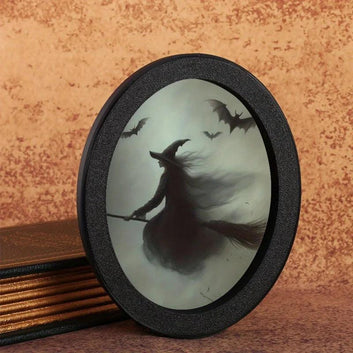 Witch Flying on a Broom Wooden Oval Frame - Gothic Oval Wall Art - Halloween Wall Decoration