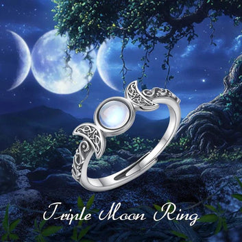 925 Sterling Silver Wicca Triple Moon Ring Moonstone Adjustable Rings Witchcraft Jewelry