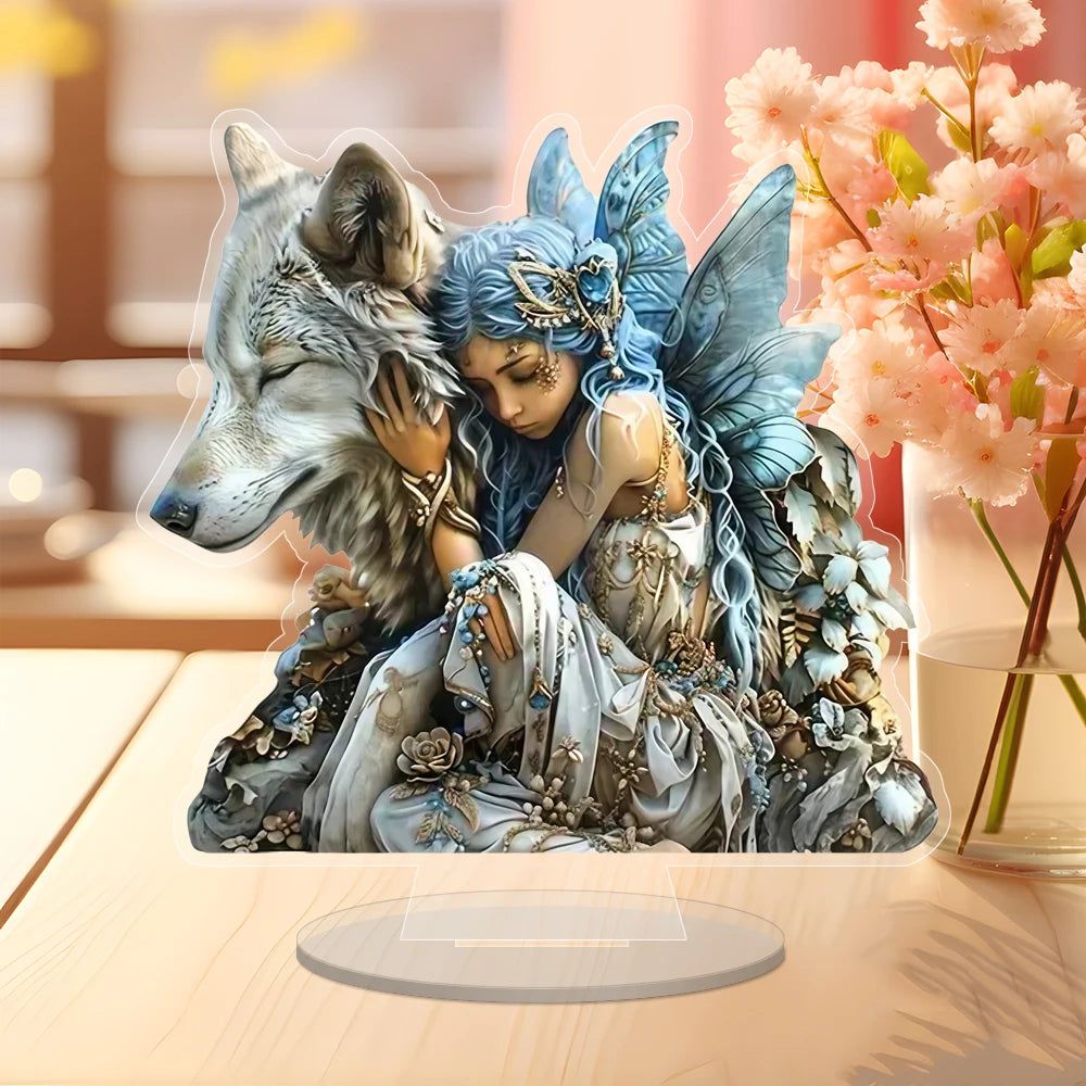 Boho Wolf & Angel Acrylic Decorative Plaque Desktop Decor Mystic Table Ornament-MoonChildWorld