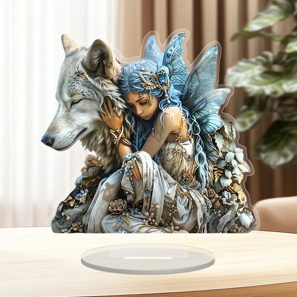 Boho Wolf & Angel Acrylic Decorative Plaque Desktop Decor Mystic Table Ornament-MoonChildWorld