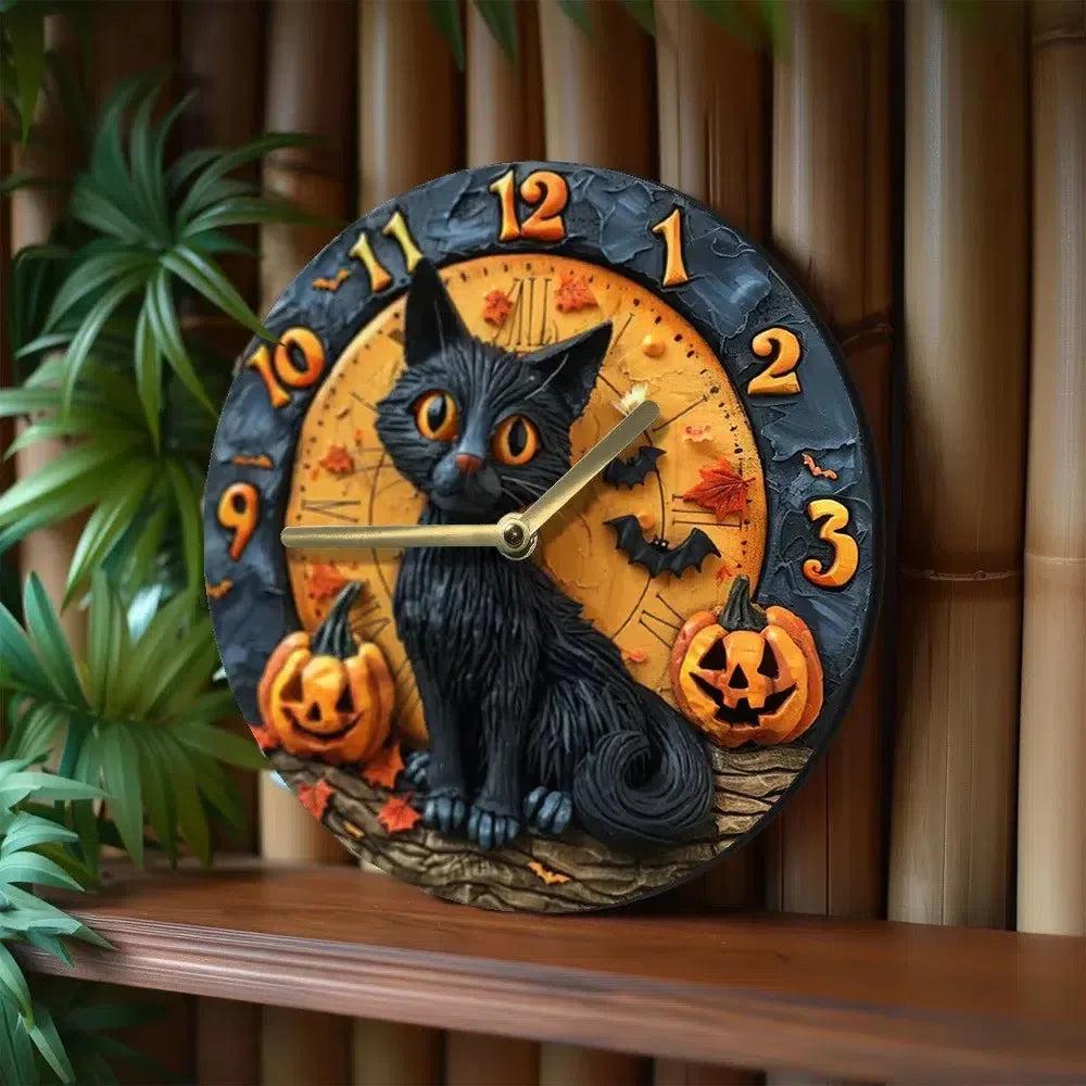 Spooky black cat wooden wall clock for Halloween decor-MoonChildWorld