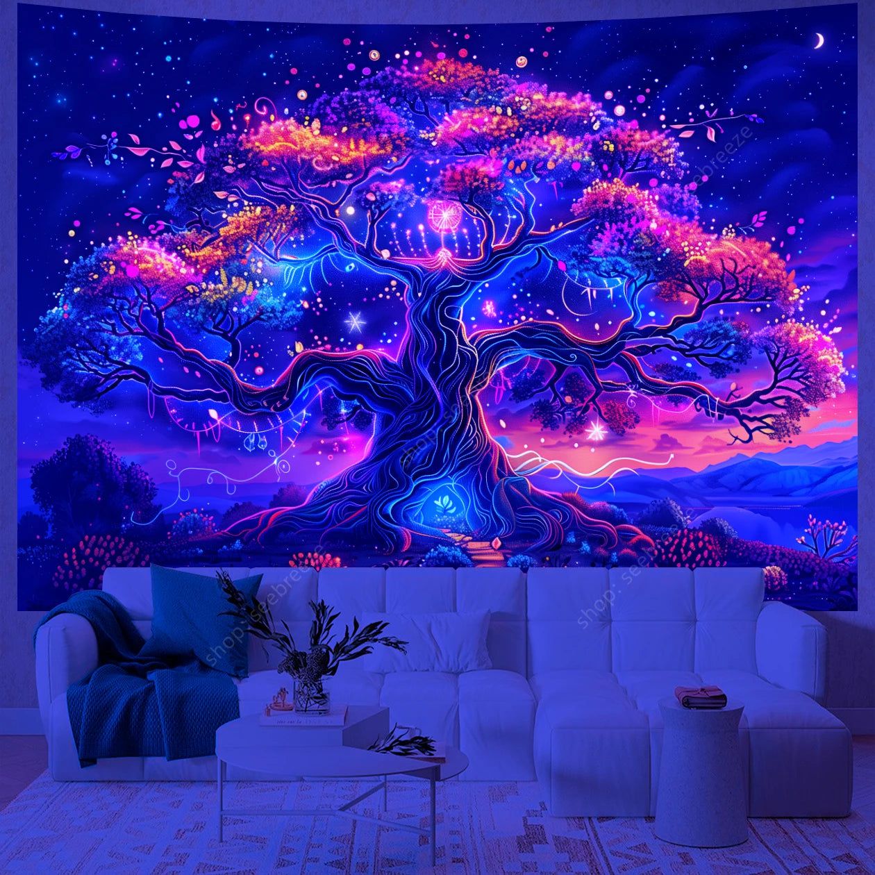 Tree of Life UV Reactive Tapestry Starry Night Tapestry Wall Hanging Pagan Wall Decor-MoonChildWorld