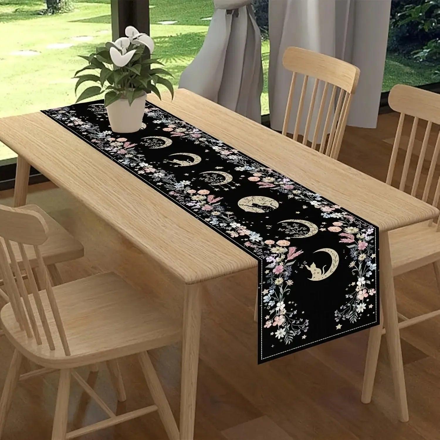 Floral Moon Table Runner - Mystical Witchy Black Cat & Moon Phases Table Runner-MoonChildWorld