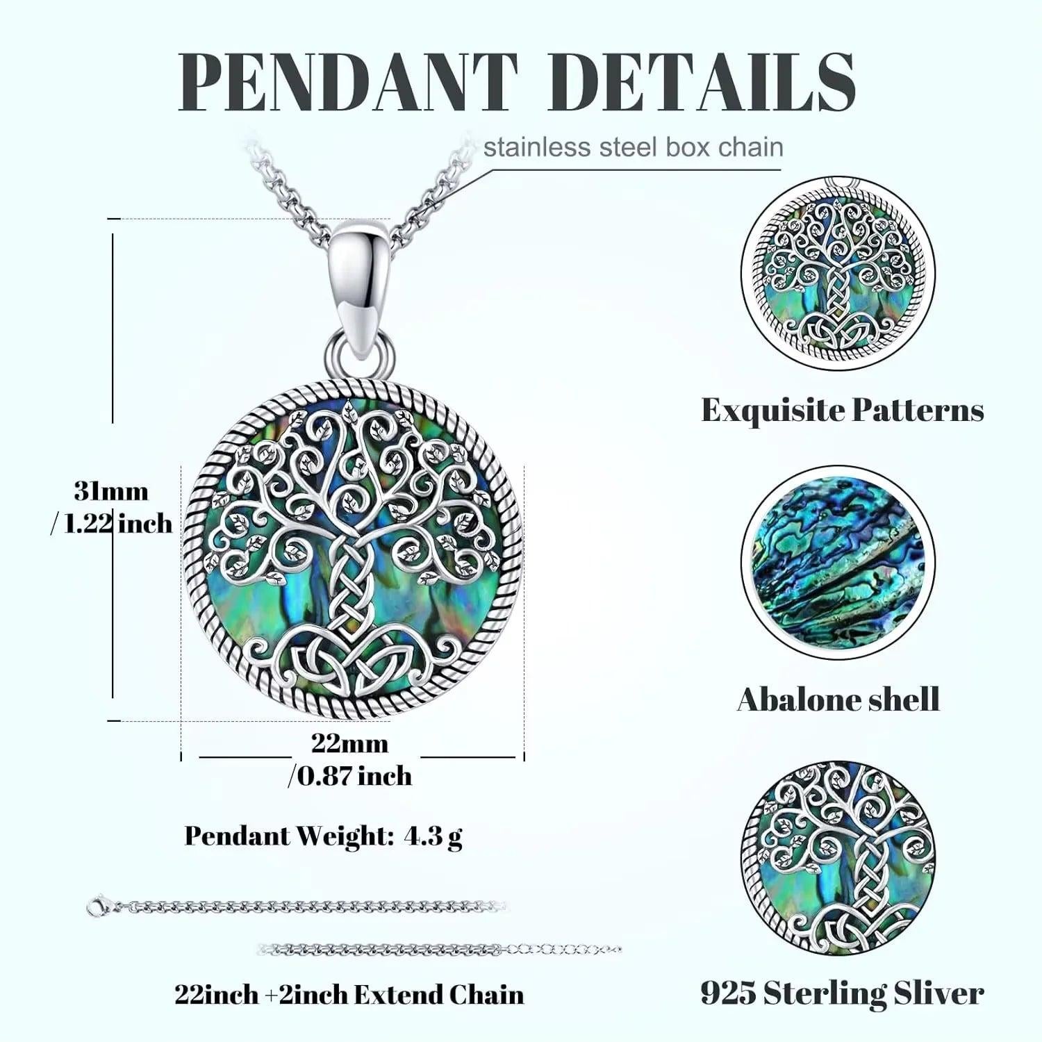 925 Sterling Silver Tree of Life Necklace Pendant Abalone Shell Celtic Knot Family Tree Jewelry for Men Women Father's Day Gift-MoonChildWorld