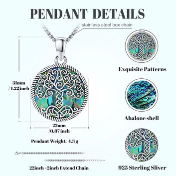 925 Sterling Silver Tree of Life Necklace Abalone Shell Celtic Knot Pagan Jewelry