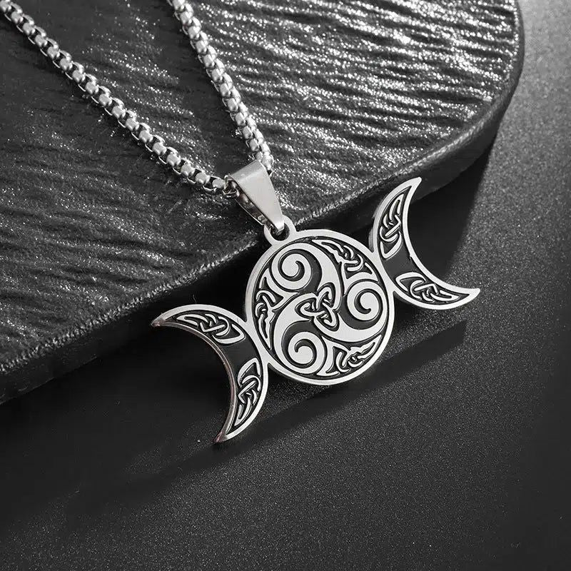 Witch Spiral Triple Moon Necklace Pagan Trinity Celtic Knot Necklace-MoonChildWorld