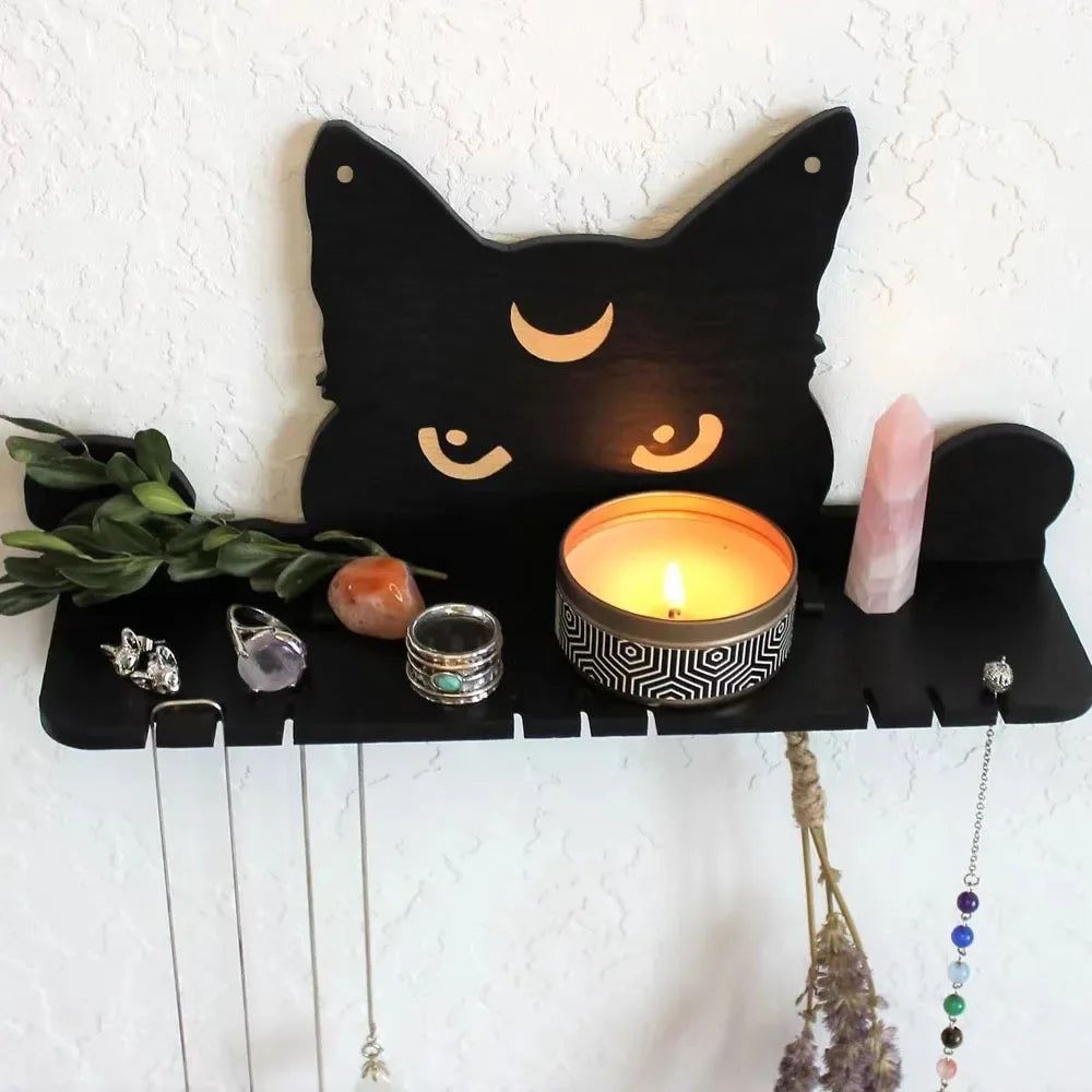 Black cat Crystal Shelf Display Witchy Home Decorations Moon Cat Wooden Shelf-MoonChildWorld