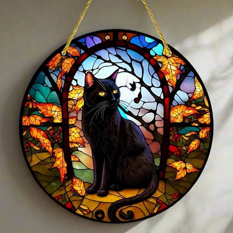 Witchy Black Cat Suncatcher Halloween Gothic Acrylic Round Sign-MoonChildWorld