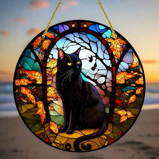 Witchy Black Cat Suncatcher Halloween Gothic Acrylic Round Sign