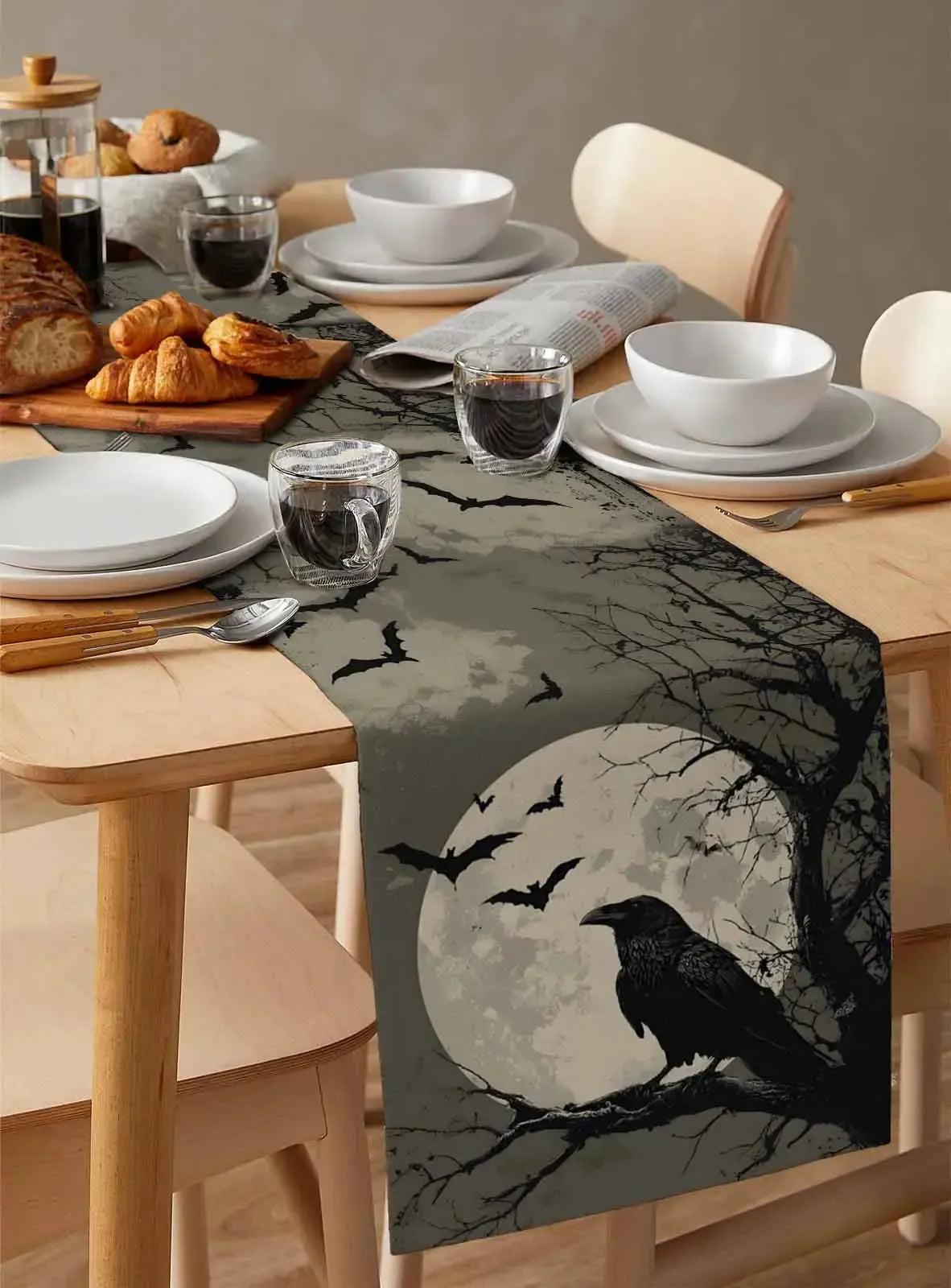 Full Moon and Gothic Crow Table Runner for Halloween Table Decor - Witchy Raven Table Runner-MoonChildWorld