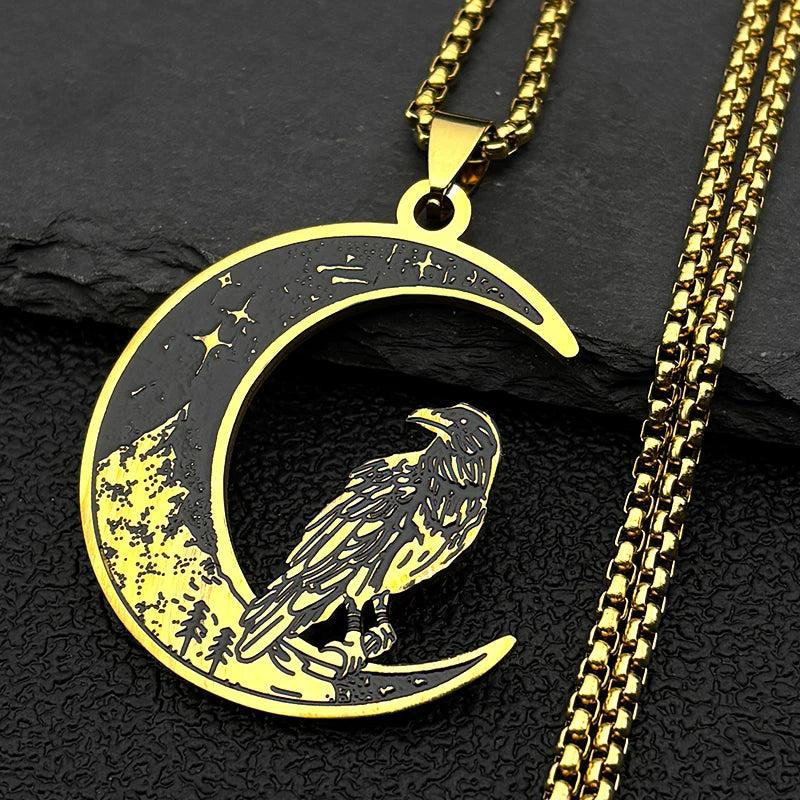 Gothic Raven Crescent Moon Necklace Dark Crow Witch Jewelry-MoonChildWorld