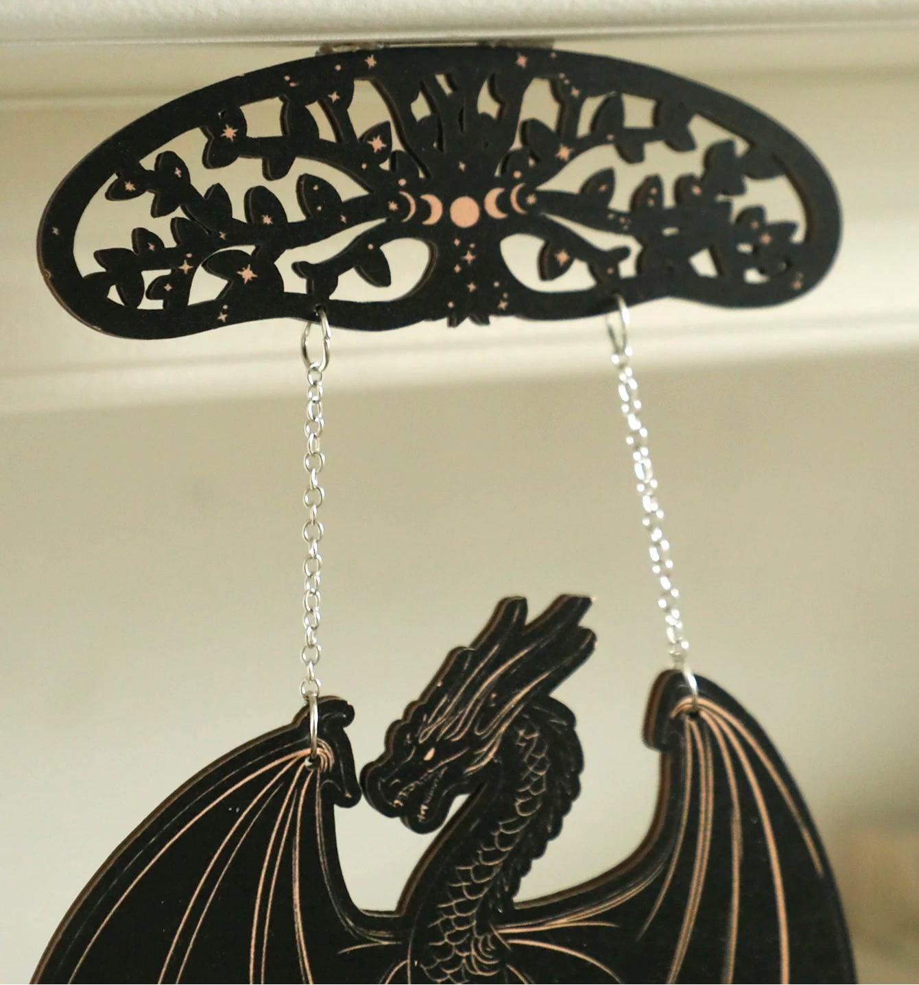 Gothic Black Wooden Dragon Hanging Ornament - Spirit Tree Moon Phase Wall Decoration Wicca Home Decor-MoonChildWorld