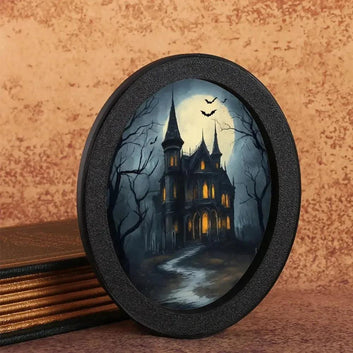 Gothic Castle Wooden Oval Frame - Spooky Oval Wall Art - Halloween Wall Decoration