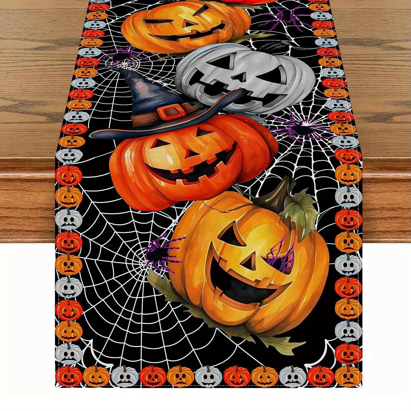 Spooky Halloween Table Runner With Jack-O'-Lantern - Pumpkin & Spiderweb Gothic Table Runner-MoonChildWorld
