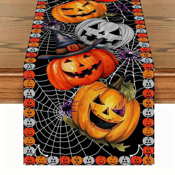 Spooky Halloween Table Runner With Jack-O'-Lantern - Pumpkin & Spiderweb Gothic Table Runner-MoonChildWorld