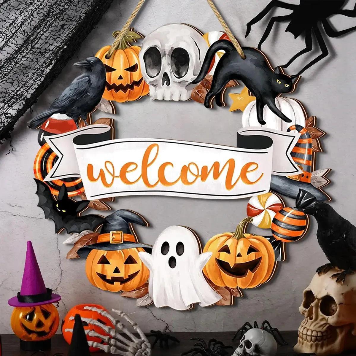 Halloween Welcome Wreath Decor with Cat Raven Skull Pumpkins Ghost - Witch Wooden Sign for Gothic Halloween Decor-MoonChildWorld