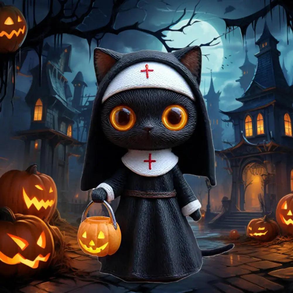 Gothic Nun Black Cat Sculpture Halloween Witchy Cat Figurine with Pumpkin Bucket-MoonChildWorld