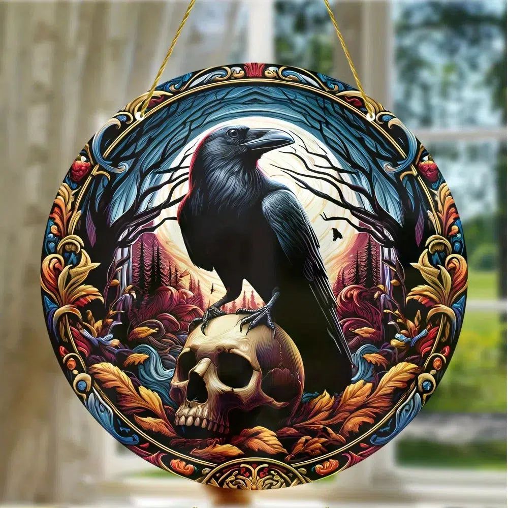 Raven Skull Halloween Suncatcher Gothic Acrylic Sign-MoonChildWorld