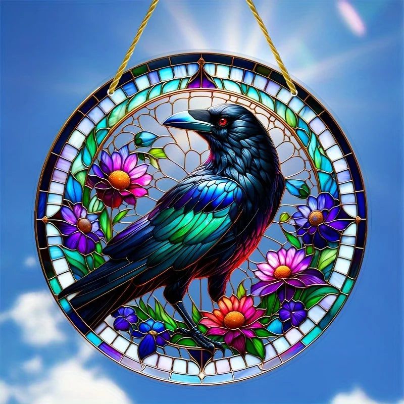 Black Raven Suncatcher Witch Crow Acrylic Round Sign Witchy Decor-MoonChildWorld