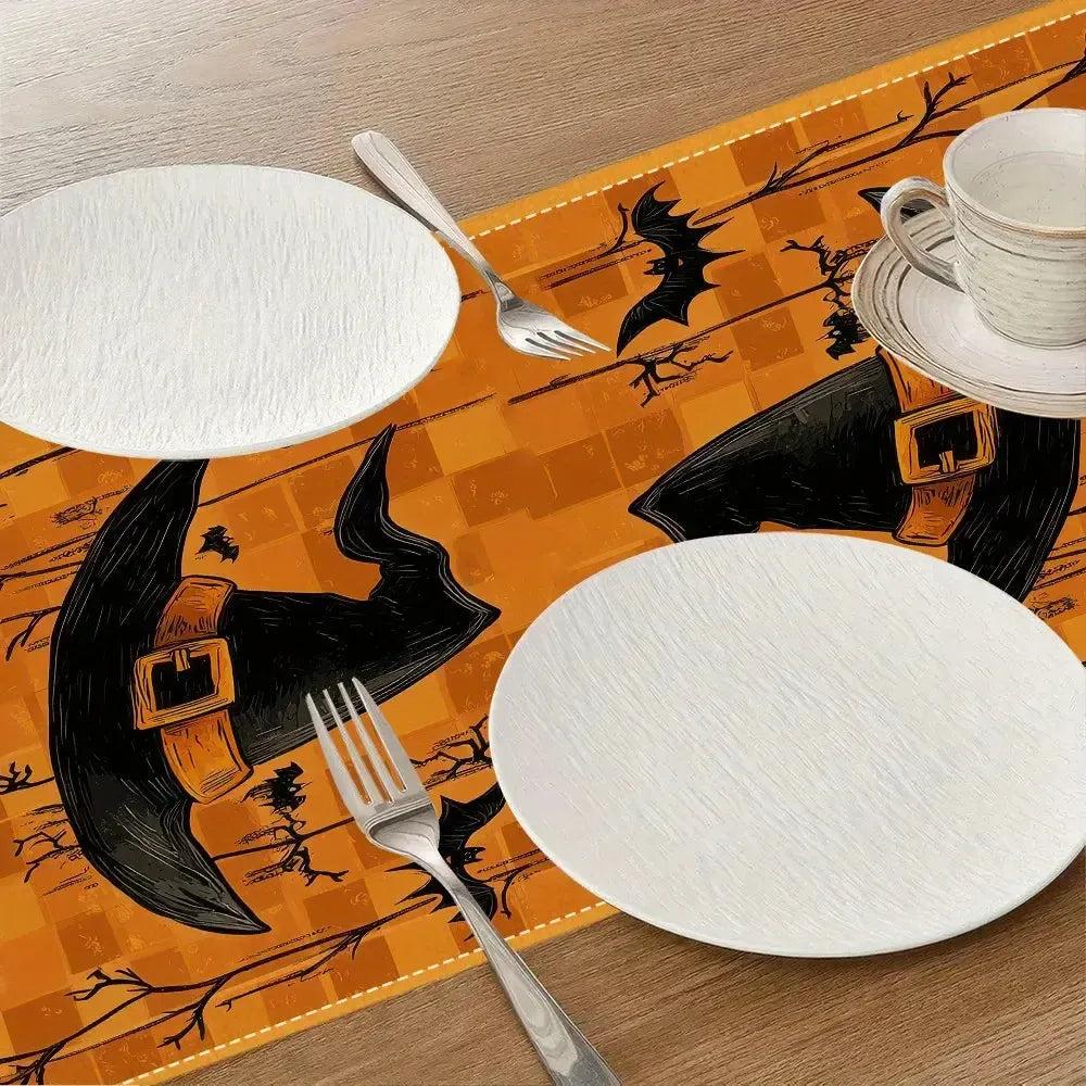 Halloween Table Runner with Black Cat, Ghost, Pumpkin - Gothic Witchy Table Runner-MoonChildWorld