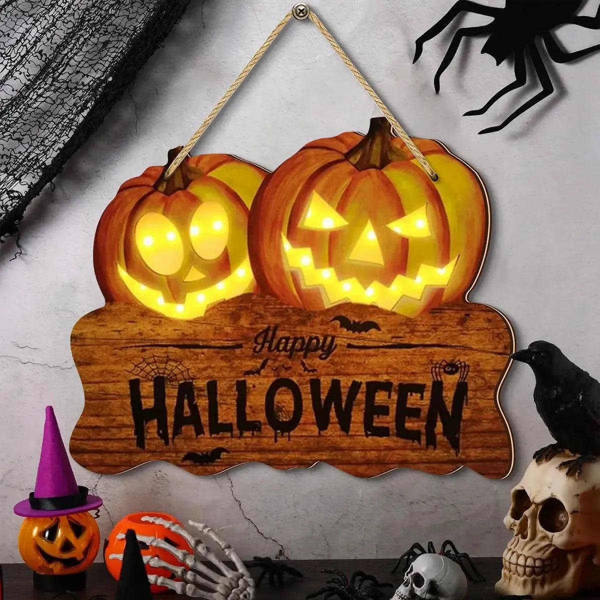 Wooden Halloween Sign with Pumpkin Jack o' Lanterns - Witch Home Decoration-MoonChildWorld