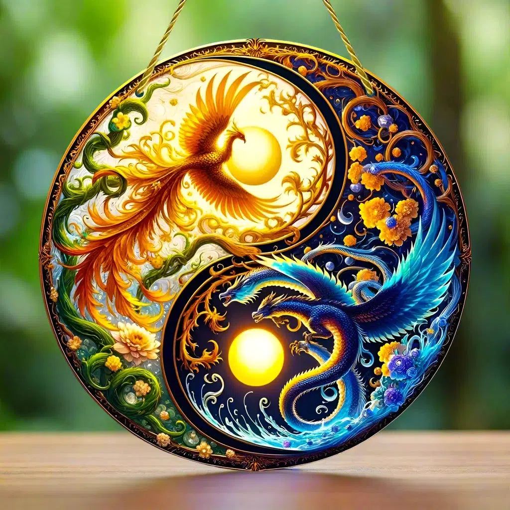 Yin Yang Dragon And Phoenix Suncatcher Acrylic Window Hanging-MoonChildWorld