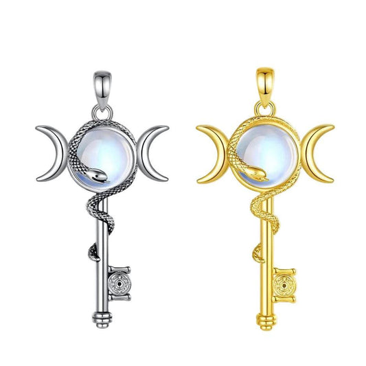 Hecate Triple Moon Goddess Necklace Moonstone Snake Key Wicca Pagan Jewelry