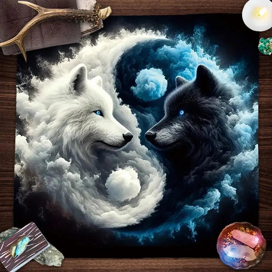 Yin-Yang Wolf Tarot Tablecloth Mysterious Wolves Altar Cloth Witchy Tarot Mat