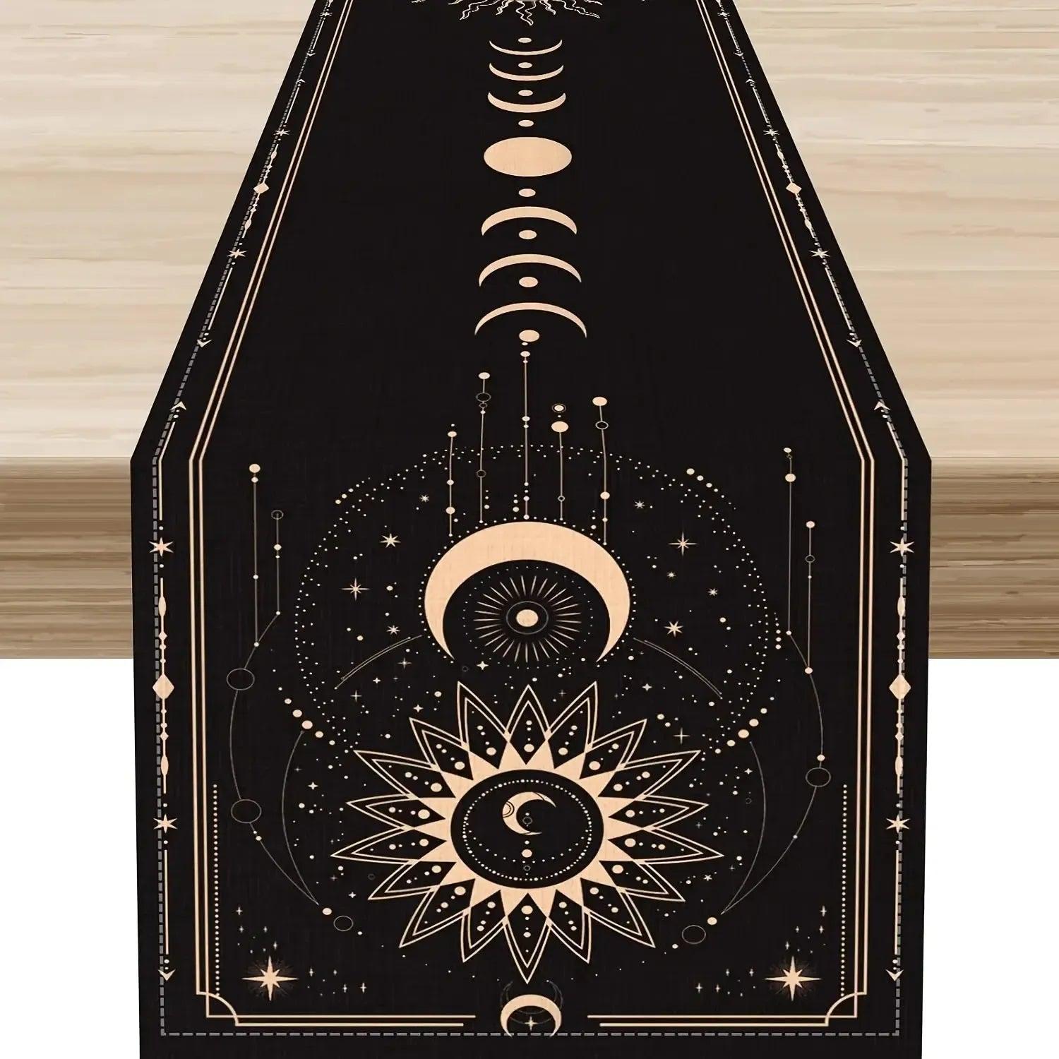 Black and Gold Moon Phase Table Runner for Wicca Table Decor-MoonChildWorld