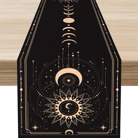 Black and Gold Moon Phase Table Runner for Wicca Table Decor