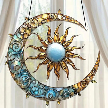 Boho Crescent Moon and Sun Hanging Ornament - Celestial Sun Moon Acrylic Suncatcher Window Hanging