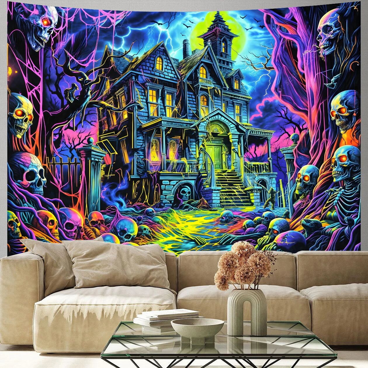 Gothic Haunted House UV Reactive Tapestry for Halloween Wall Decor-MoonChildWorld