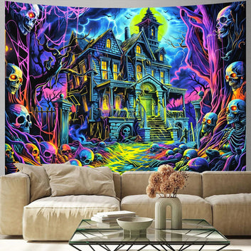 Gothic Haunted House UV Reactive Tapestry for Halloween Wall Decor