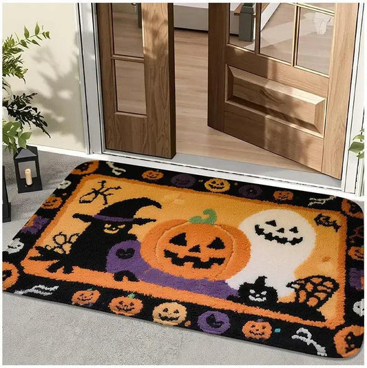 Spooky Halloween Doormat - Cute Ghost, Pumpkin and Black Cat Design Gothic Witch Home Decor