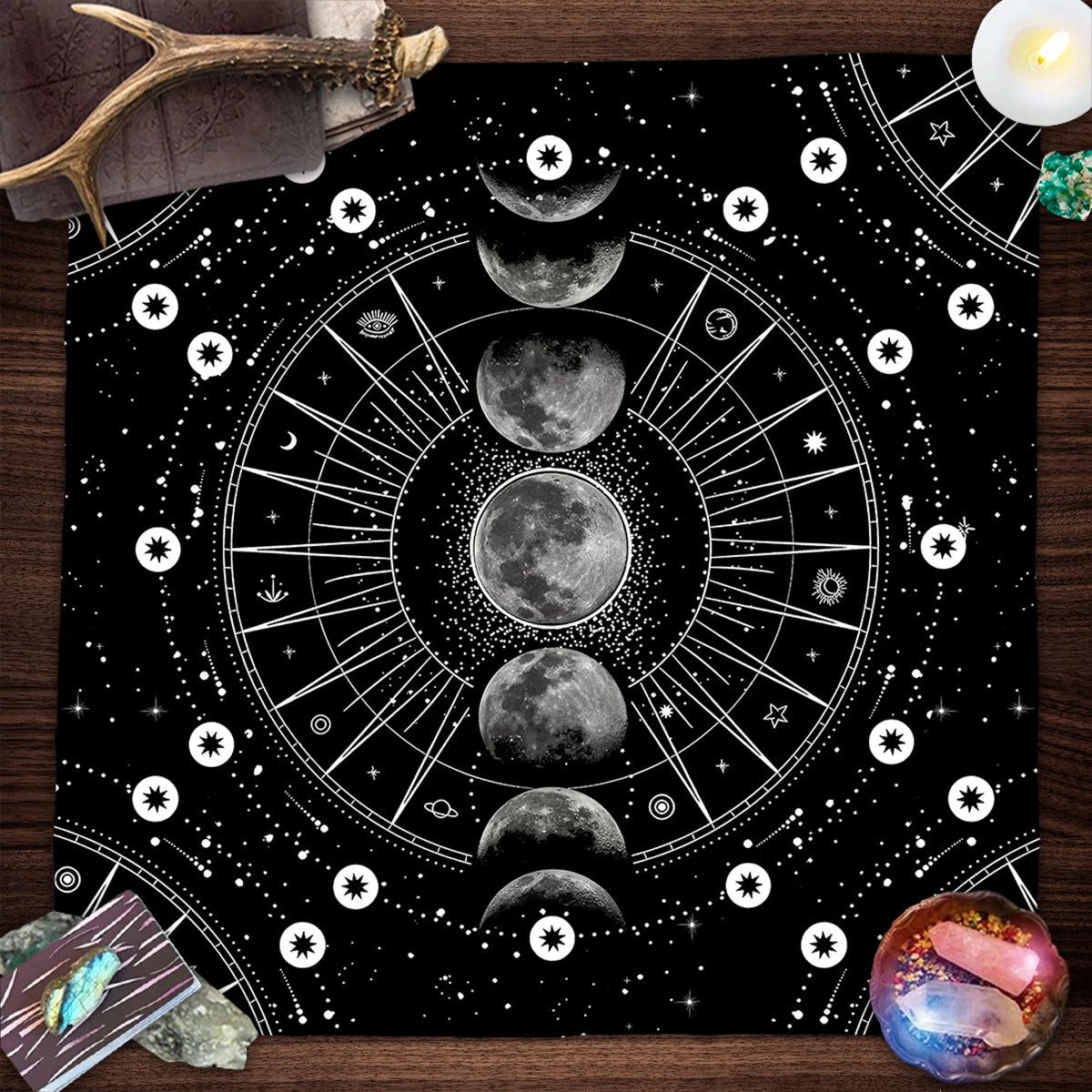 Altar Cloth Black Moon Phase Tarot Card Tablecloth For Tarot Cards Reading Polyester Wicca Oracle Card Mat Room Home Decor-MoonChildWorld