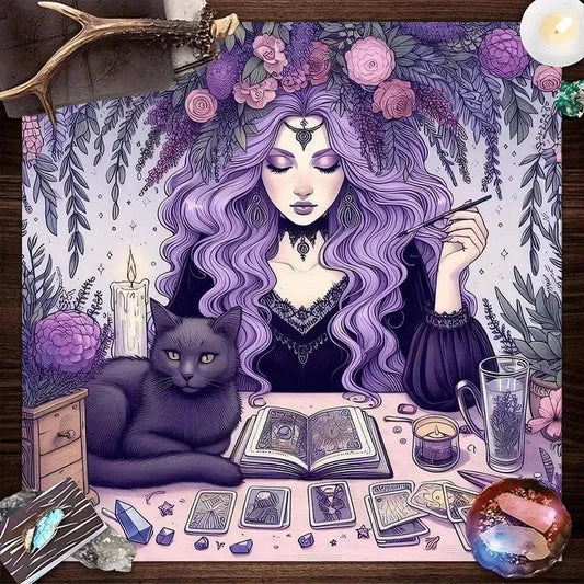 Mystic Witch and Black Cat Tablecloth Tarot Divination Wicca Altar Cloth
