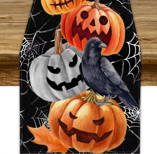 Halloween Horror Pumpkins Crow Spider Web Table Runner - Gothic Table Runner Halloween Decorations