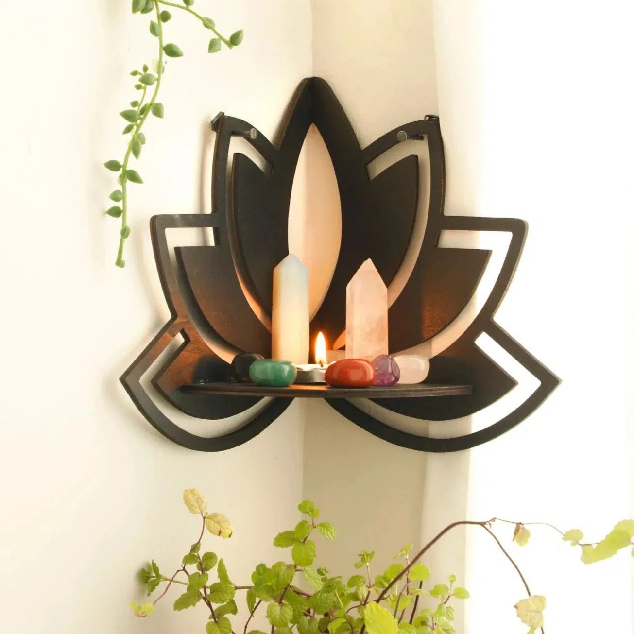 Lotus Corner Shelf Wooden Crystal Holder Shelf-MoonChildWorld