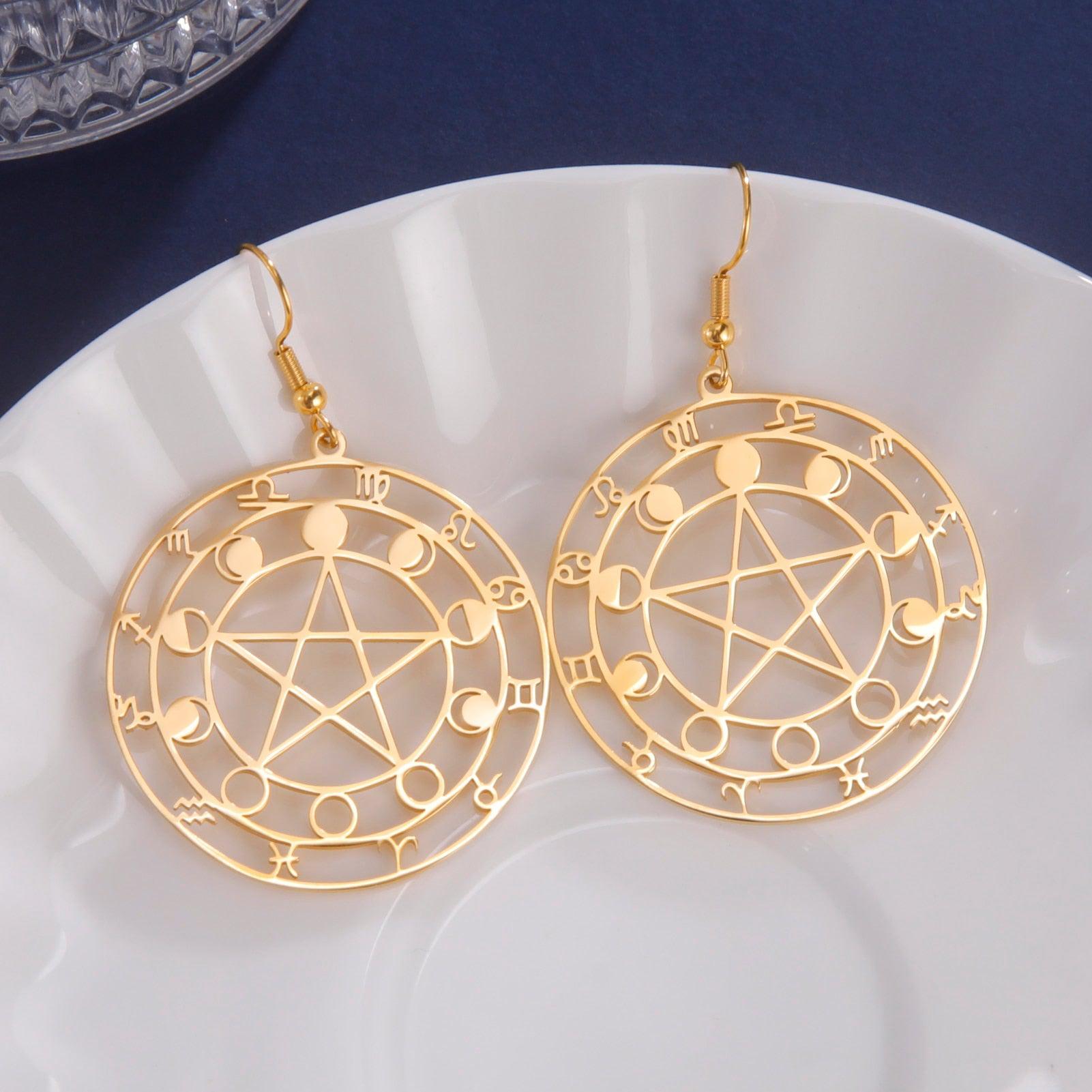 Moon Phase Pentagram Earrings Wiccan Pagan Jewelry-MoonChildWorld