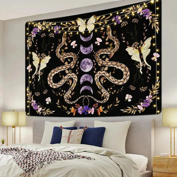 Snake Floral Plants Moon Phase Tapestry Aesthetic Decor