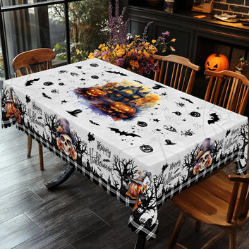 Gothic Castle and Skull Halloween Tablecloth - Spooky Witch Table Decoration Tablecloth